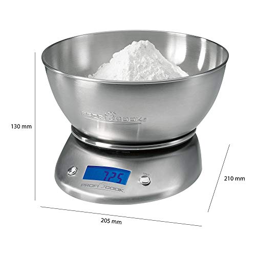 ProfiCook KW1040 Báscula de cocina digital con tazón, 5 kg pasos 1 g, función tara, 2 litros, Acero Inoxidable, Gris