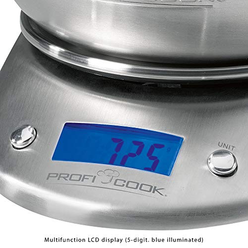 ProfiCook KW1040 Báscula de cocina digital con tazón, 5 kg pasos 1 g, función tara, 2 litros, Acero Inoxidable, Gris