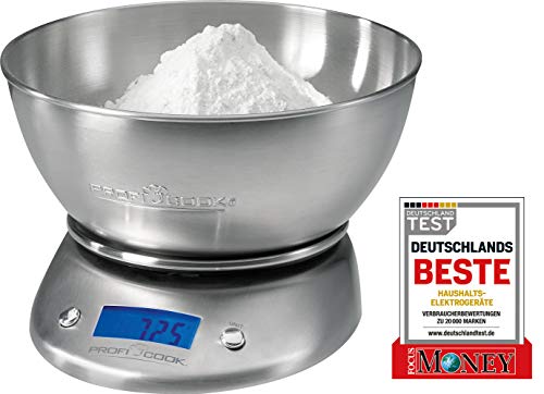 ProfiCook KW1040 Báscula de cocina digital con tazón, 5 kg pasos 1 g, función tara, 2 litros, Acero Inoxidable, Gris