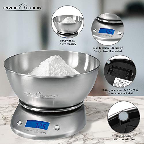 ProfiCook KW1040 Báscula de cocina digital con tazón, 5 kg pasos 1 g, función tara, 2 litros, Acero Inoxidable, Gris