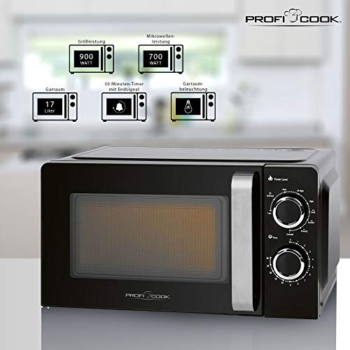 ProfiCook PC-MWG 1208 - Microondas con grill, 17 L, 900 W, 700 W, 6 niveles de potencia microondas, temporizador de 30 minutos con señal final