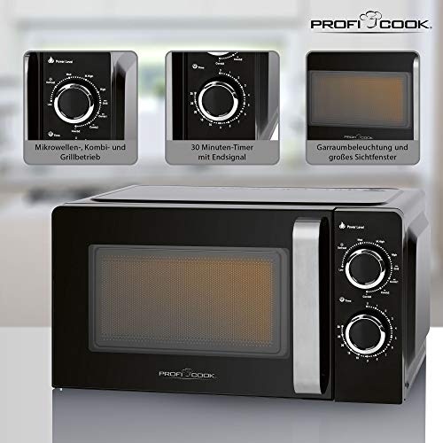 ProfiCook PC-MWG 1208 - Microondas con grill, 17 L, 900 W, 700 W, 6 niveles de potencia microondas, temporizador de 30 minutos con señal final