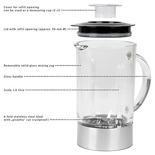 ProfiCook PC-UM 1006 Batidora de vaso, Jarra de cristal, 1.8 litros, Regulador velocidad electrónico, 1200 W, 1 Decibelios, Vidrio, Negro y gris