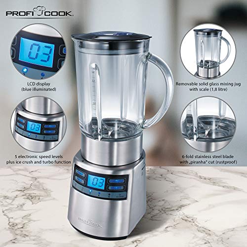 ProfiCook PC-UM 1006 Batidora de vaso, Jarra de cristal, 1.8 litros, Regulador velocidad electrónico, 1200 W, 1 Decibelios, Vidrio, Negro y gris