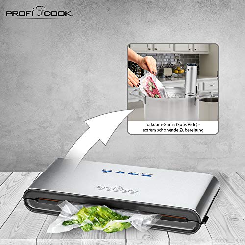 ProfiCook VK 1080 Envasadora de alimentos al vacío automática, caudal de 12 litros/minuto, 0,8 bares, 120 W, 0 Decibelios, Acero Inoxidable, Gris/Negro