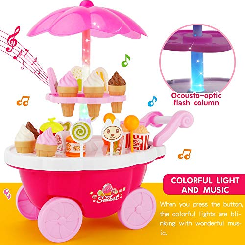 Profun 39pcs Carrito de Compras de Helados con Música e Iluminación Colorida, Juego de Simulación de Comida Niños Juego Educativo Set de Pastel