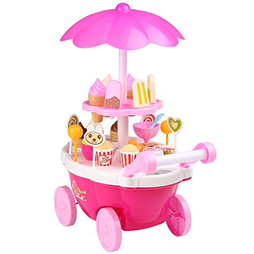 Profun 39pcs Carrito de Compras de Helados con Música e Iluminación Colorida, Juego de Simulación de Comida Niños Juego Educativo Set de Pastel