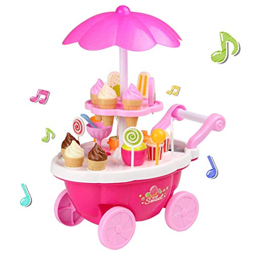 Profun 39pcs Carrito de Compras de Helados con Música e Iluminación Colorida, Juego de Simulación de Comida Niños Juego Educativo Set de Pastel