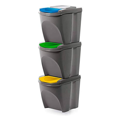Prosperplast Juego de 3 cubos de basura con compartimentos 3 x 25 Litros, color gris