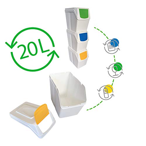 Prosperplast Juego de 3 Cubos de Reciclaje Capacidad Total 60 litros, apilable, Compartimentos en Color Blanco, 3x20 litros