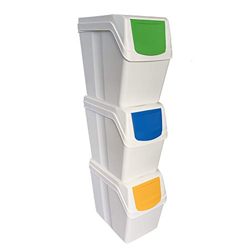 Prosperplast Juego de 3 Cubos de Reciclaje Capacidad Total 60 litros, apilable, Compartimentos en Color Blanco, 3x20 litros