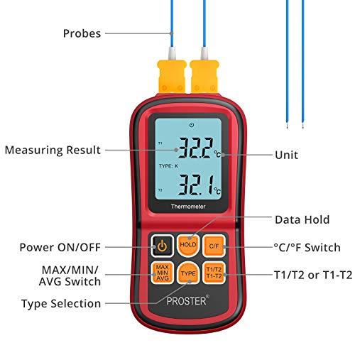 Proster Termómetro Digital de Doble Canal con Dos termómetros de Temperatura Tipo K con retroiluminación LCD para termopar K/J/T/E/R/S/N