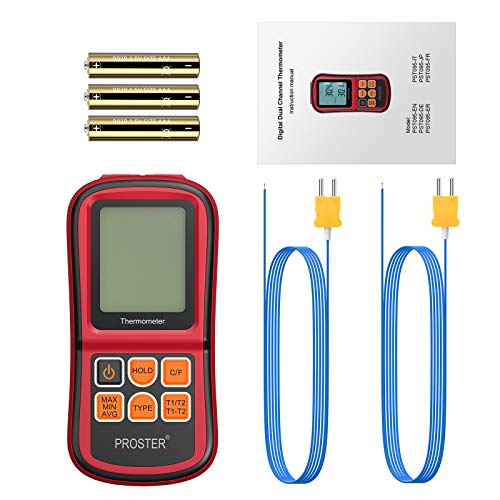 Proster Termómetro Digital de Doble Canal con Dos termómetros de Temperatura Tipo K con retroiluminación LCD para termopar K/J/T/E/R/S/N