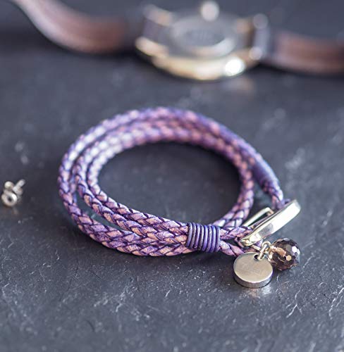 Pulsera de Cuero Azul Violeta con Dije para Mujer, Pulsera de Cuero de Múltiples Tiras con Cierre de Reasa, Dije de Cristal + Disco 19cm, de Tribal Steel