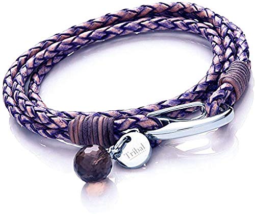 Pulsera de Cuero Azul Violeta con Dije para Mujer, Pulsera de Cuero de Múltiples Tiras con Cierre de Reasa, Dije de Cristal + Disco 19cm, de Tribal Steel