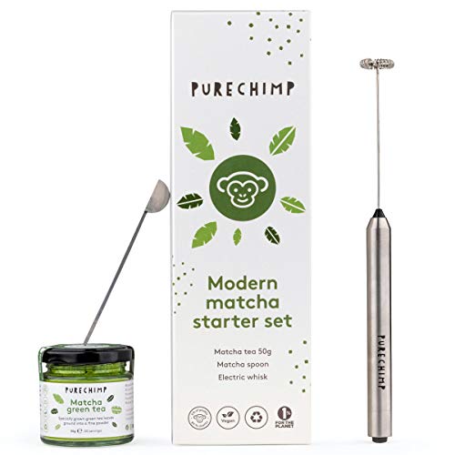 PureChimp - Juego de té matcha para té matcha (50 g, batidor eléctrico, cuchara matcha)