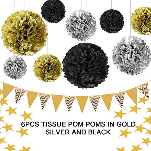 Pushingbest Decoraciones Cumpleaños, Feliz cumpleaños Decoracion Globos Garland Banderas Conjunto 42 Piezas Suministros de decoración Material Seguro para niñas, Hombres, Negro, Dorado y Plateado