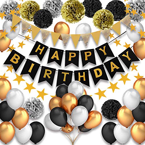 Pushingbest Decoraciones Cumpleaños, Feliz cumpleaños Decoracion Globos Garland Banderas Conjunto 42 Piezas Suministros de decoración Material Seguro para niñas, Hombres, Negro, Dorado y Plateado