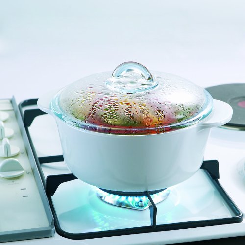 Pyrex Flame - Cacerola redonda, 2 l, vidrio cerámico, color blanco + tapa, transparente