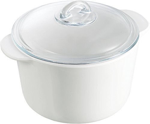 Pyrex Flame - Cacerola redonda, 2 l, vidrio cerámico, color blanco + tapa, transparente