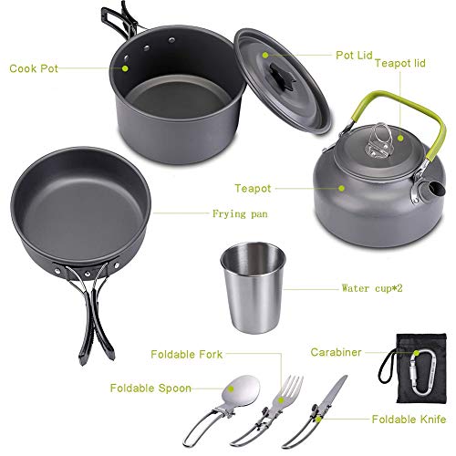 QAZWSX Camping Cooker Pan Set Juego de Utensilios de Cocina de Aluminio para 2 Personas, Olla portátil para ollas al Aire Libre para Picnic, Senderismo y Senderismo-Green