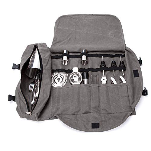 QEES - GJB309 - Kit de barman, bolsa de transporte, grande, portátil, para hacer cócteles en el hogar y en el lugar de trabajo, bolsa de herramientas para viajes 15.7"x 3.5"x 3.1" gris