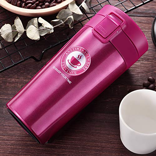 QIMEI-SHOP Termo,Termo de Café Matraz de Acero Inoxidable Aislado Diseño a Prueba de Fugas para Bebidas Frías y Calientes Bebidas té Café Agua 380ML Rosa roja