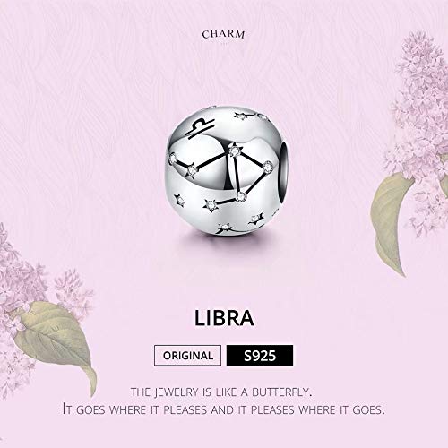 Qings 12 Constelación Abalorios Charms Plata de Ley 925, Abalorios de Zodiaco Compatible con Pulsera Europeo, Regalo de Cumpleaños Significativo Librao(9.23-10.22)