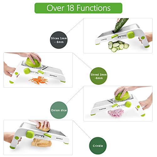 Qomolo Cortador de Verdura Mandolina,18 en 1 Multifuncional Acero Inoxidable Mandolina de Cocina,Ajustable Cortador de Alimentos Slicer para Frutas y Verduras,Guantes a Prueba de Cortes Incluido