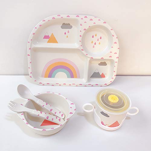 Rainbow Pattern Set de 5 piezas de fibra de bambú Niños vajilla Set Niños Vajilla Niño Plato Cena Medio Ambiente Material Cubiertos Set