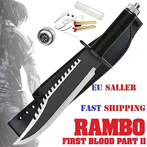 Rambo Deluxe II - Cuchillo de supervivencia con funda de piel y cinturón