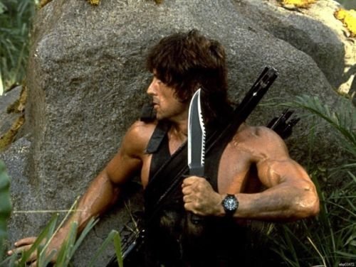 Rambo Deluxe II - Cuchillo de supervivencia con funda de piel y cinturón