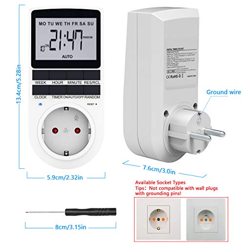 RATEL Temporizador Digital Programable, Enchufe Programador con herramienta de reinicio y modo aleatorio antirrobo Pantalla LCD grande 12/24 Horas, Diario/Semanal Ahorrar Energía y Dinero