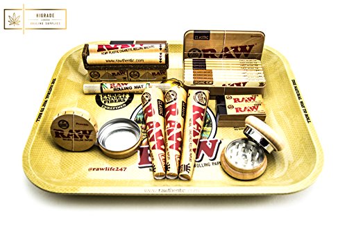 Raw Rolling Tray Set de regalo | Tamaño grande 34 x 27,5 cm | Bandeja de diseño Raw Girl con superficie antiadherente | Bandeja para fumadores crudos