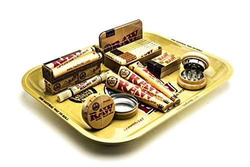 Raw Rolling Tray Set de regalo | Tamaño grande 34 x 27,5 cm | Bandeja de diseño Raw Girl con superficie antiadherente | Bandeja para fumadores crudos