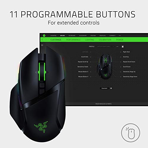 Razer Basilisk Ultimate Ratón Inalámbrico para Juegos, 11 Botones Programables Tecnología Hyperspeed, Enfoque Óptico + Sensor, Interruptor Mouse Óptico, Iluminación Croma RGB con Estación de Carga