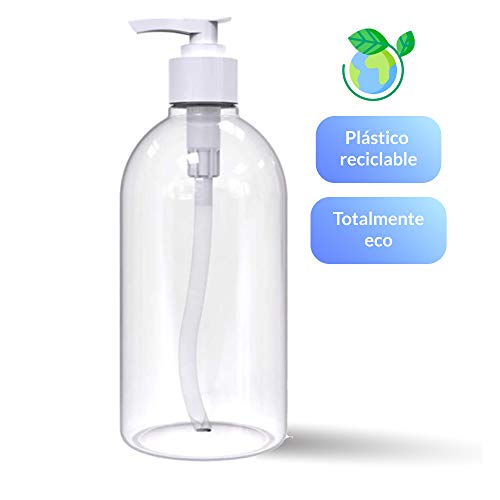 Rc Ocio Pack 4 Botes vacios 500 ml para Rellenar Gel hidroalcoholico 500 ml/Bote de plastico Recargable dosificador para jabon, geles y Todo Tipo de liquidos. Frascos dispensadores para baño