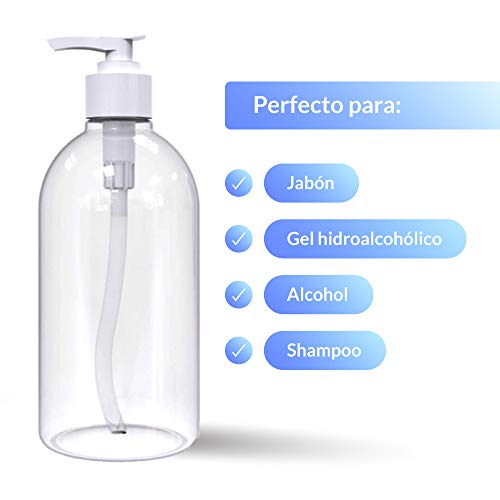 Rc Ocio Pack 4 Botes vacios 500 ml para Rellenar Gel hidroalcoholico 500 ml/Bote de plastico Recargable dosificador para jabon, geles y Todo Tipo de liquidos. Frascos dispensadores para baño