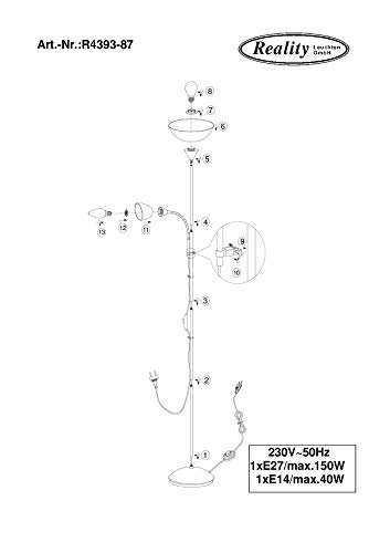 Reality Erzwo - Lámpara de pie con interruptor de cable y pie. Necesarias bombilla superior E27 de máximo 150 W y bombilla en lector E14 de máximo 40W excluidas, atenuación, metal