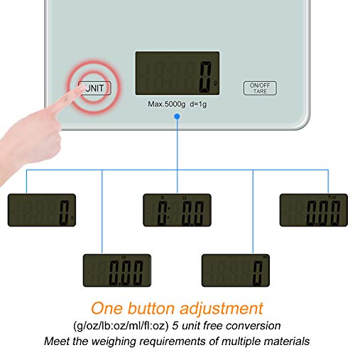 Redmoo Balanza Cocina, 5kg / 11 lbs Bascula Precision 1g, Peso Cocina Digital con Pantalla LCD Ideal para Pesar Alimentos de Recetas (Blanco)