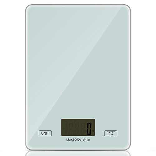 Redmoo Balanza Cocina, 5kg / 11 lbs Bascula Precision 1g, Peso Cocina Digital con Pantalla LCD Ideal para Pesar Alimentos de Recetas (Blanco)