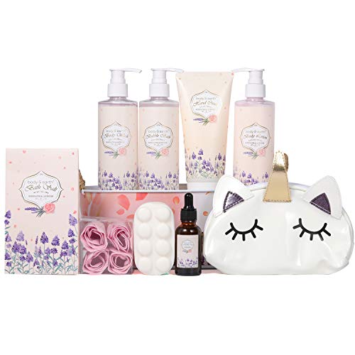 Regalo de Spa Hogareño para Ella - Body&Earth Cesta de Regalo de 9 Piezas a Rosa y Lavanda, Inclute Baño de Burbujas, Loción Corporal, Lufa de Baño y Más, Regalos Originales