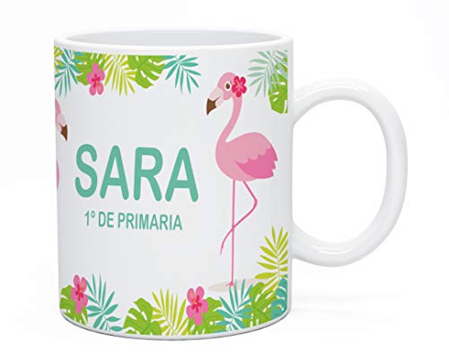 Regalo Original Taza de plástico Infantil Personalizada con Nombre y Flamenco para la Vuelta al Cole 33cl