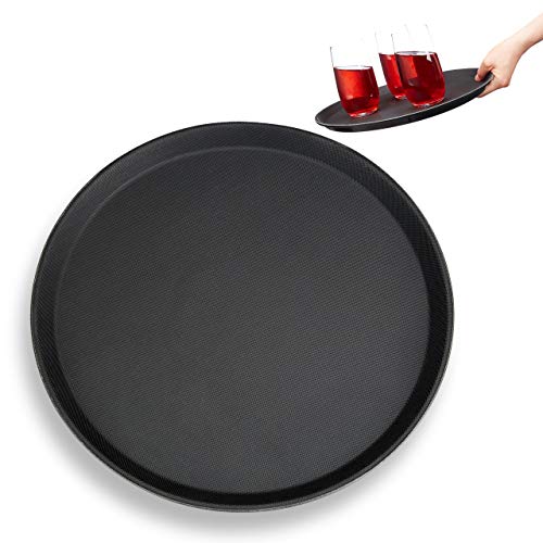 Relaxdays Bandeja Camarero Antideslizante para Bar y Restaurante, Plástico, Negro, Ø 35 cm