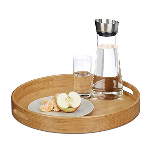 Relaxdays Bandeja Camarero Redonda con Asas y Reborde, Bambú, Marrón, 38.5 cm