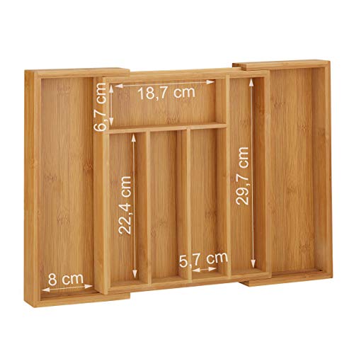 Relaxdays Caja de cubiertos de bambú, inserto de cubiertos extraíble como organizador de cocina, inserto de cajón 33.5x29-48x5 cm, natural