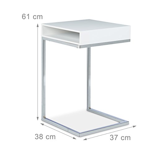 Relaxdays Mesa Auxiliar con Compartimento Lateral, Metal, Blanco, 38x37x61 cm