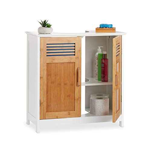 Relaxdays Mueble Lavabo con Balda Regulable, DM-Bambú, Blanco-Marrón, 60 x 60 x 30 cm