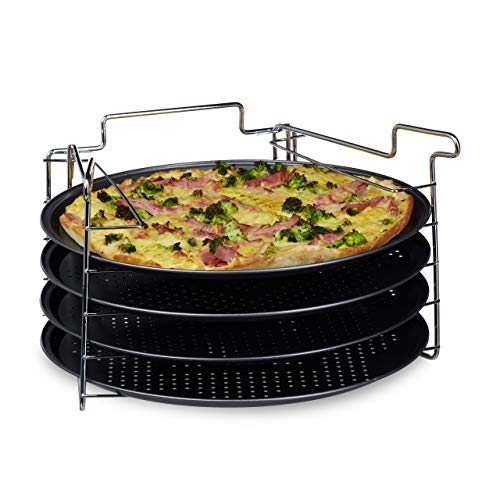 Relaxdays Set de 4 Bandejas Pizza Horno con Soporte, Plato Redondo, Molde, Antiadherente, Metal, 32 x 32 cm, Antracita