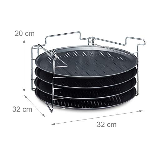 Relaxdays Set de 4 Bandejas Pizza Horno con Soporte, Plato Redondo, Molde, Antiadherente, Metal, 32 x 32 cm, Antracita